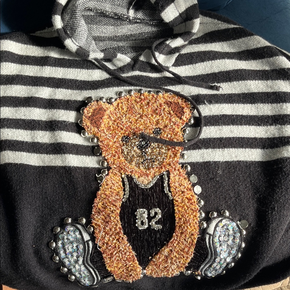 AKIRA Black and Gray Striped Sweater with Bear Design